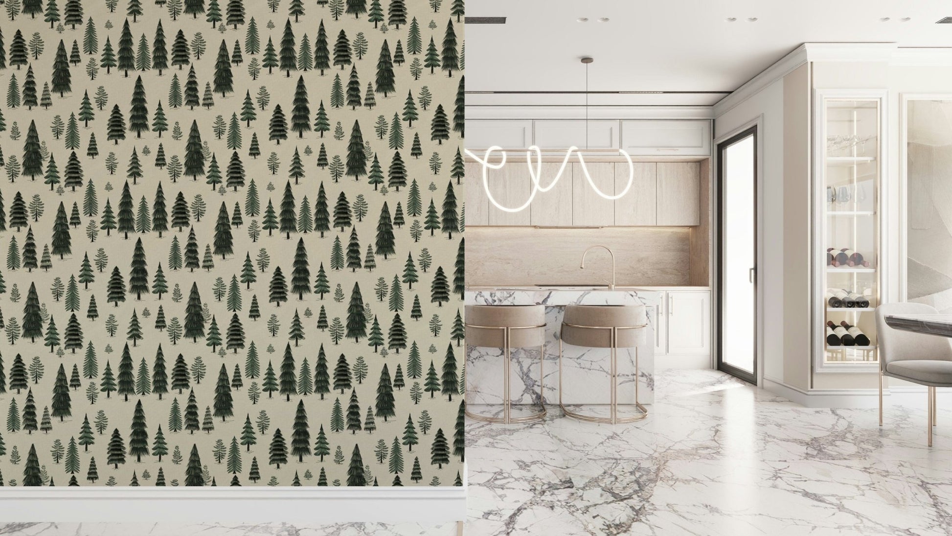 A peaceful woodland vista mural on decorative wallpaper.