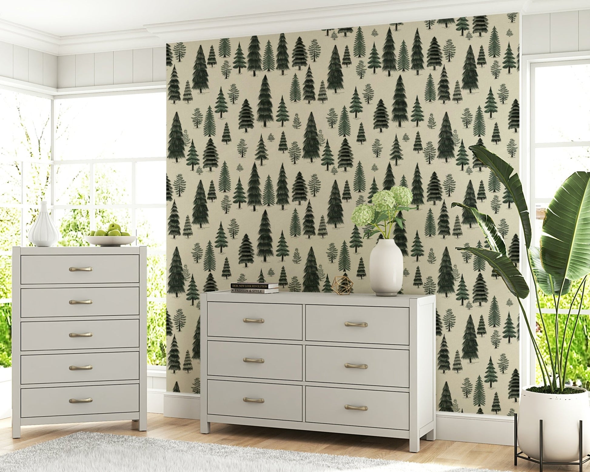 A beautiful pine tree dreamscape wallpaper mural with soft, misty light.