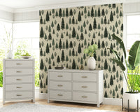 A beautiful pine tree dreamscape wallpaper mural with soft, misty light.