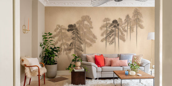 Serene pine tree wallpaper in soft beige tones, B452