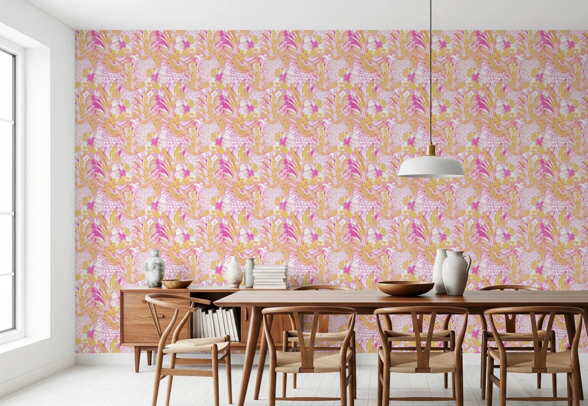 Pineapple Paradise summer pink yellow Hibiscus Wallpaper⁠, GD8827