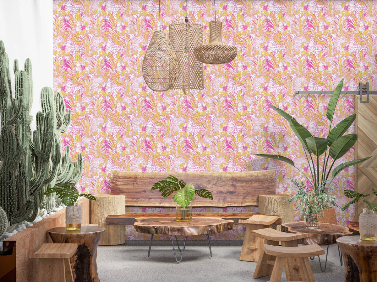 Pineapple Paradise summer pink yellow Hibiscus Wallpaper⁠, GD8827