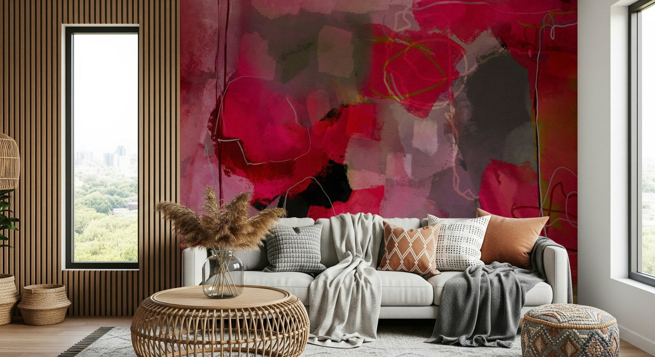 A beautiful abstract art wallpaper mural with subtle pink hues and flowing textures.