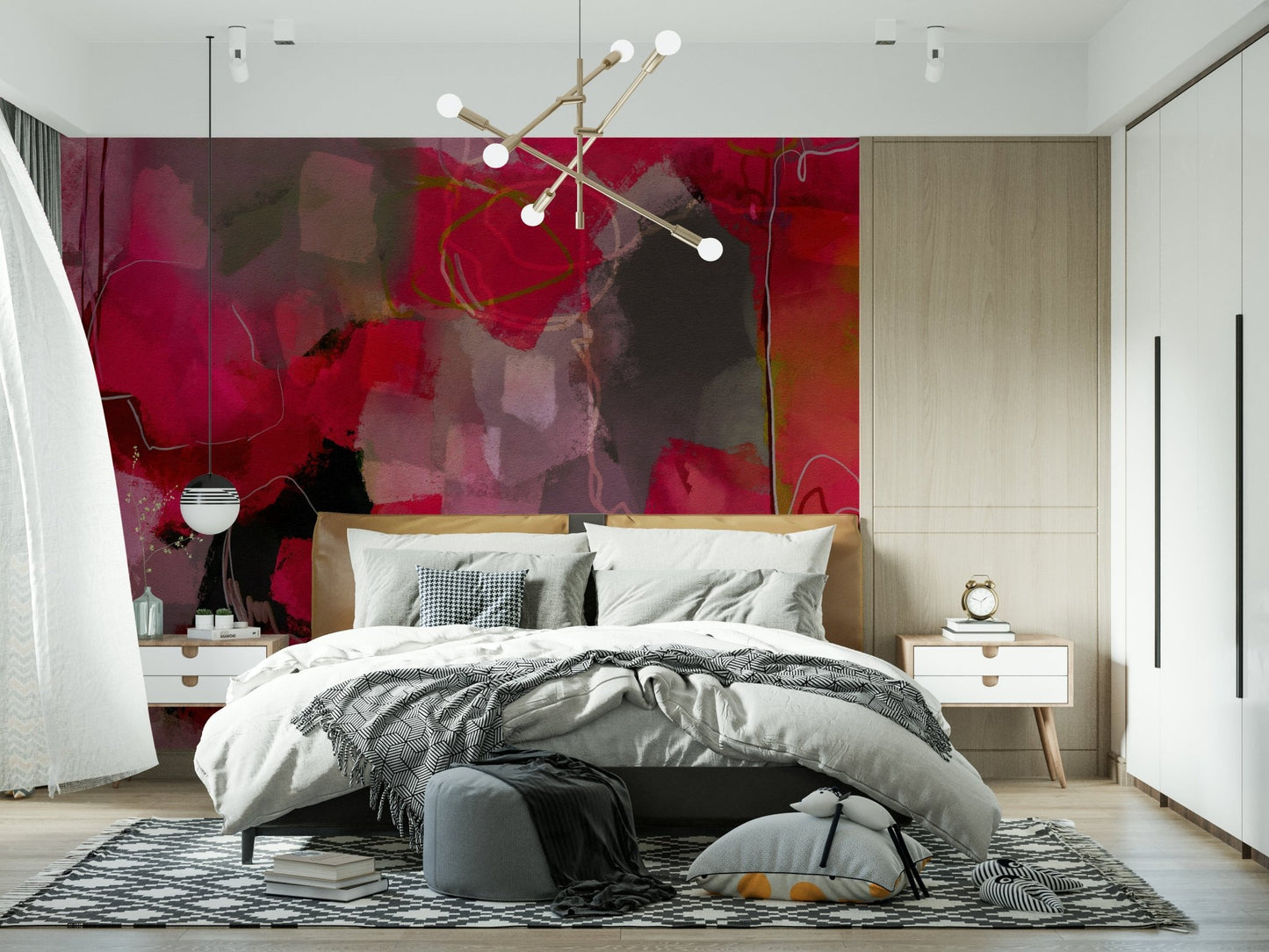 A peaceful modern abstract mural on decorative wallpaper.