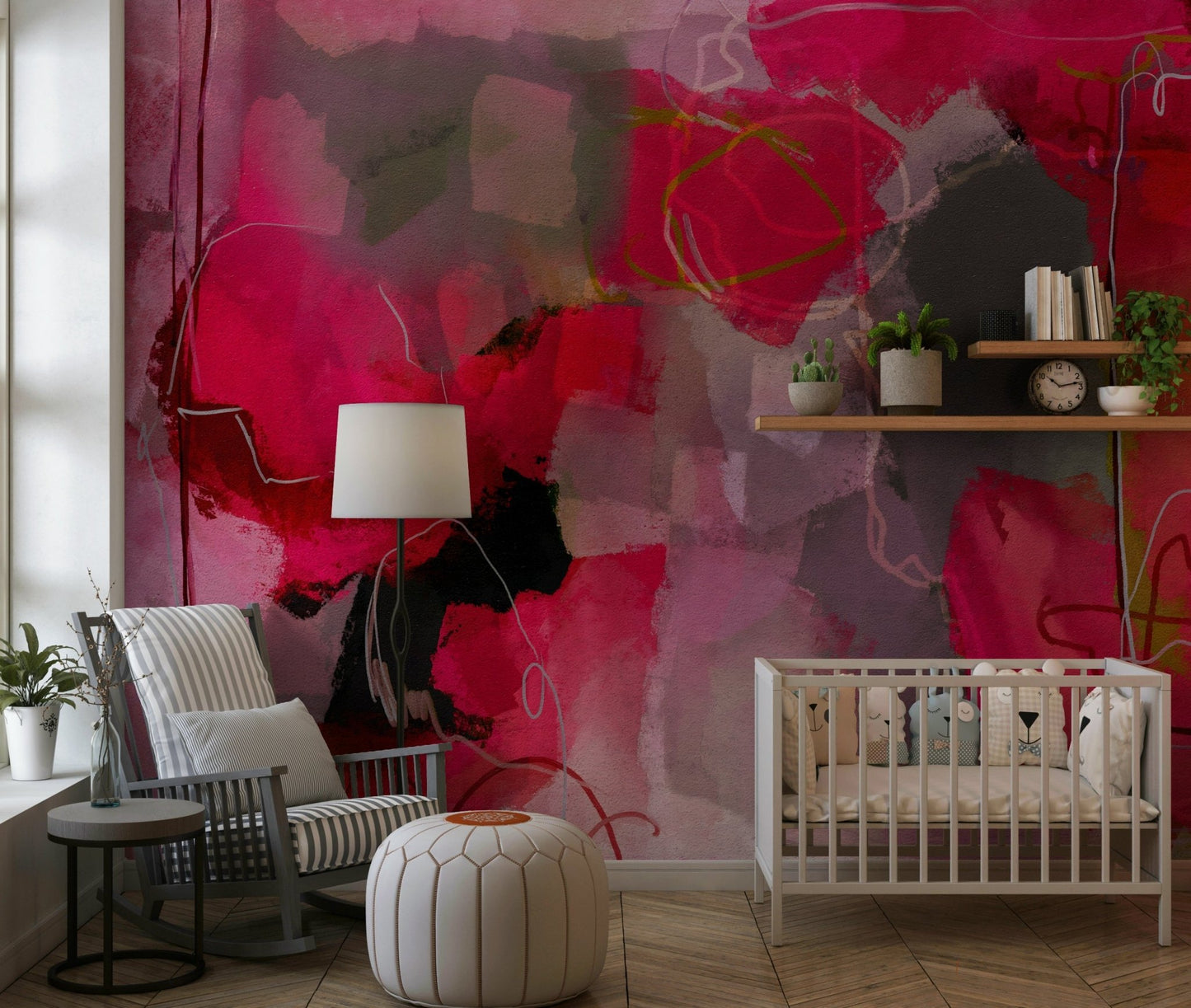 An artistic soft focus mural on minimalist wallpaper.