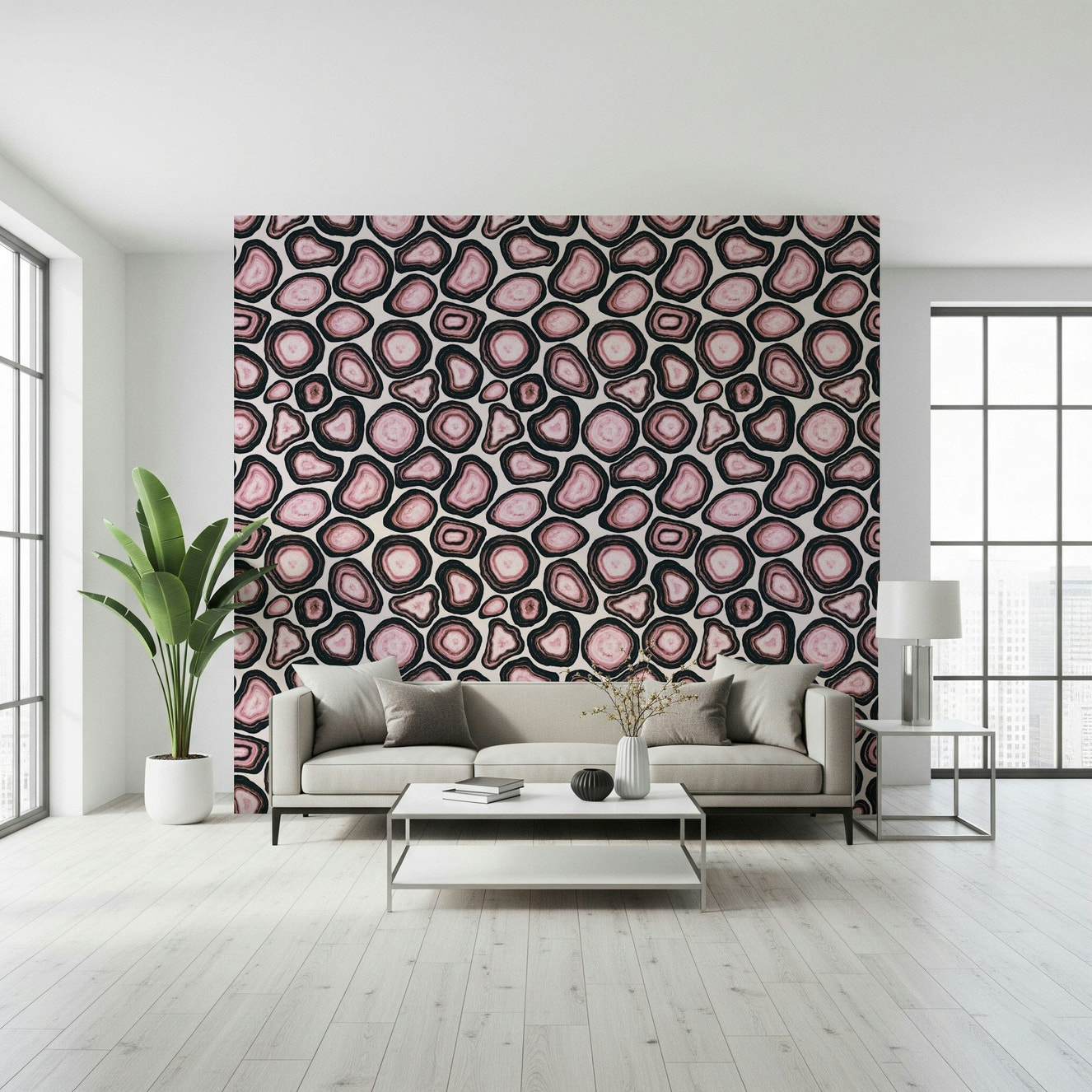 Geode Pink Agate Stone Design print, black accents, luxurious rock motif.