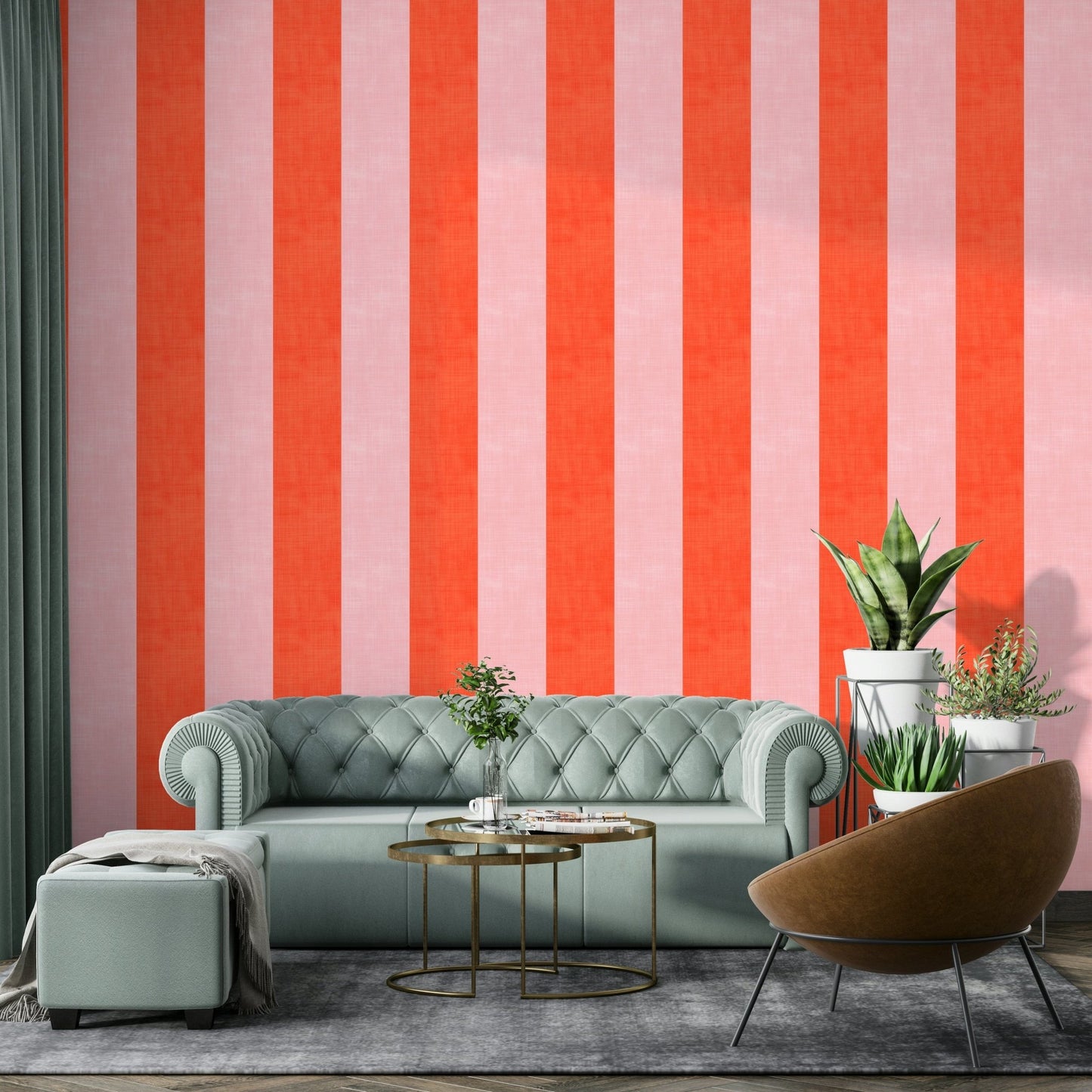 Pink and red striped linen wallpaper

