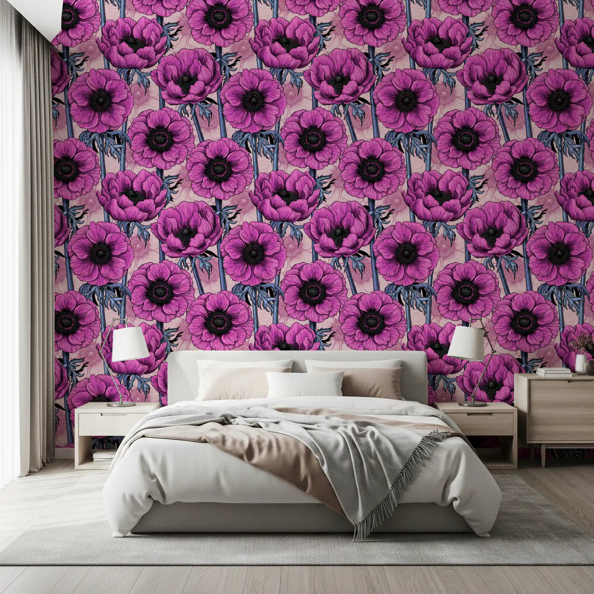 Pink Anemone Garden wallpaper creates a soft floral statement in the bedroom, GD9297