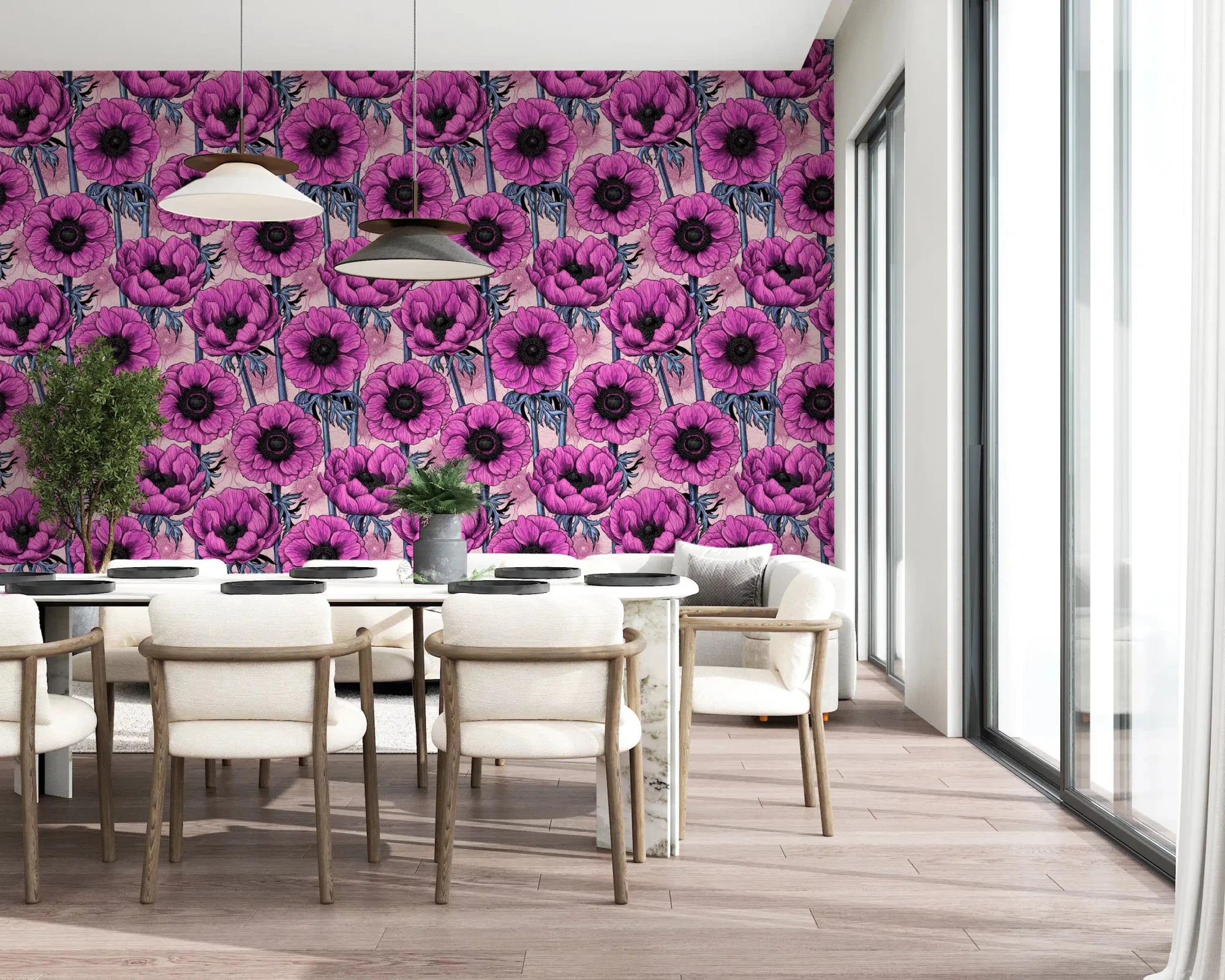 Dark flower centers give Pink Anemone Garden wallpaper a clear botanical contrast, GD9297