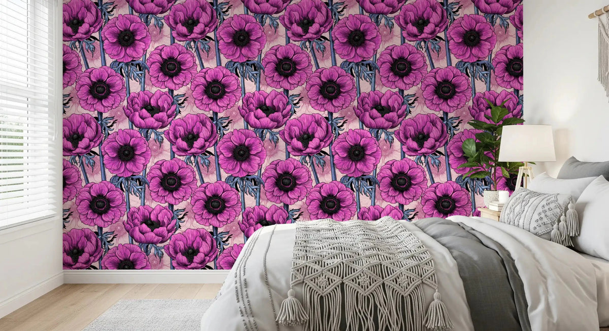 The bedroom wall features Pink Anemone Garden wallpaper on a pale blush base, GD9297
