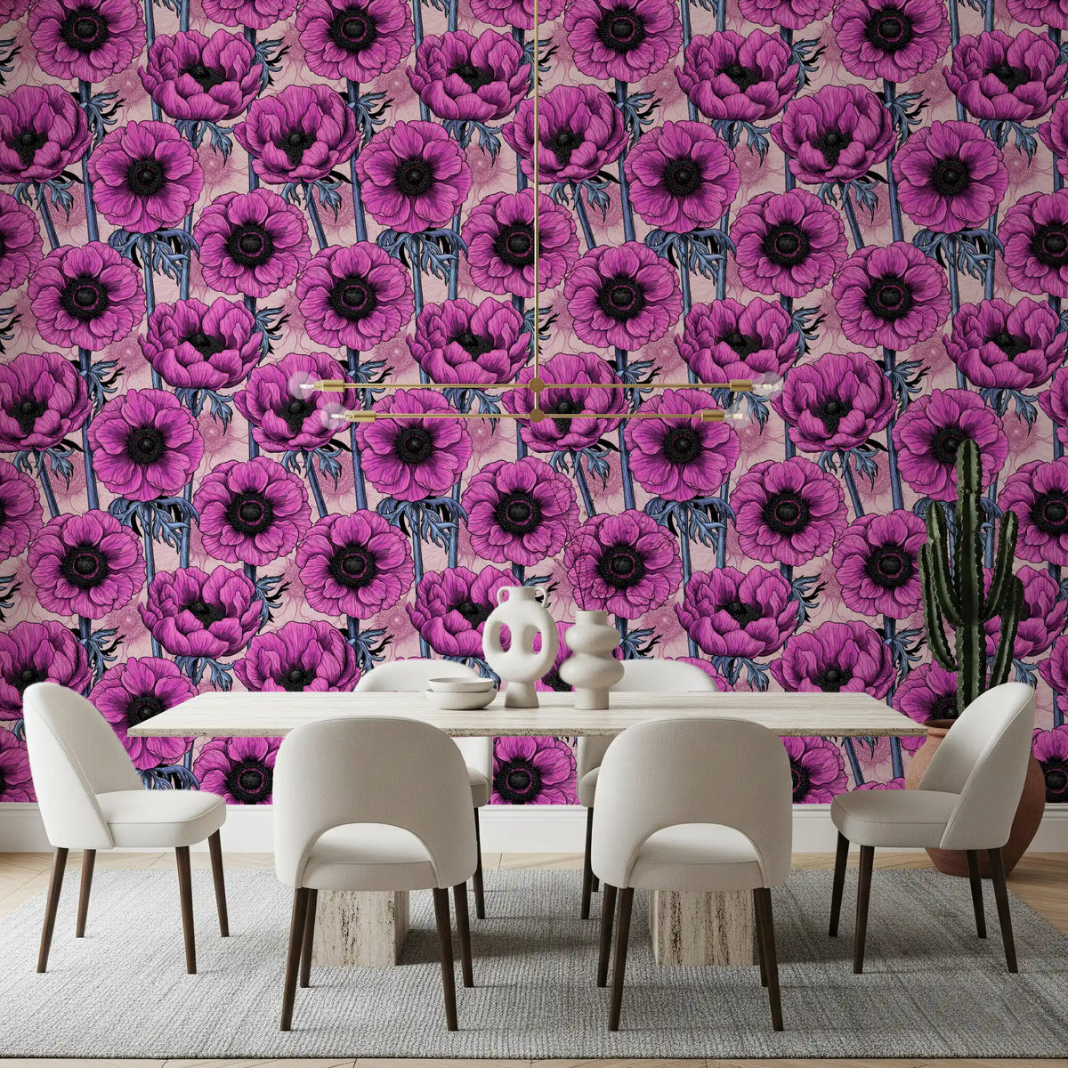 In the dining room, Pink Anemone Garden wallpaper shows layered blush blooms, GD9297