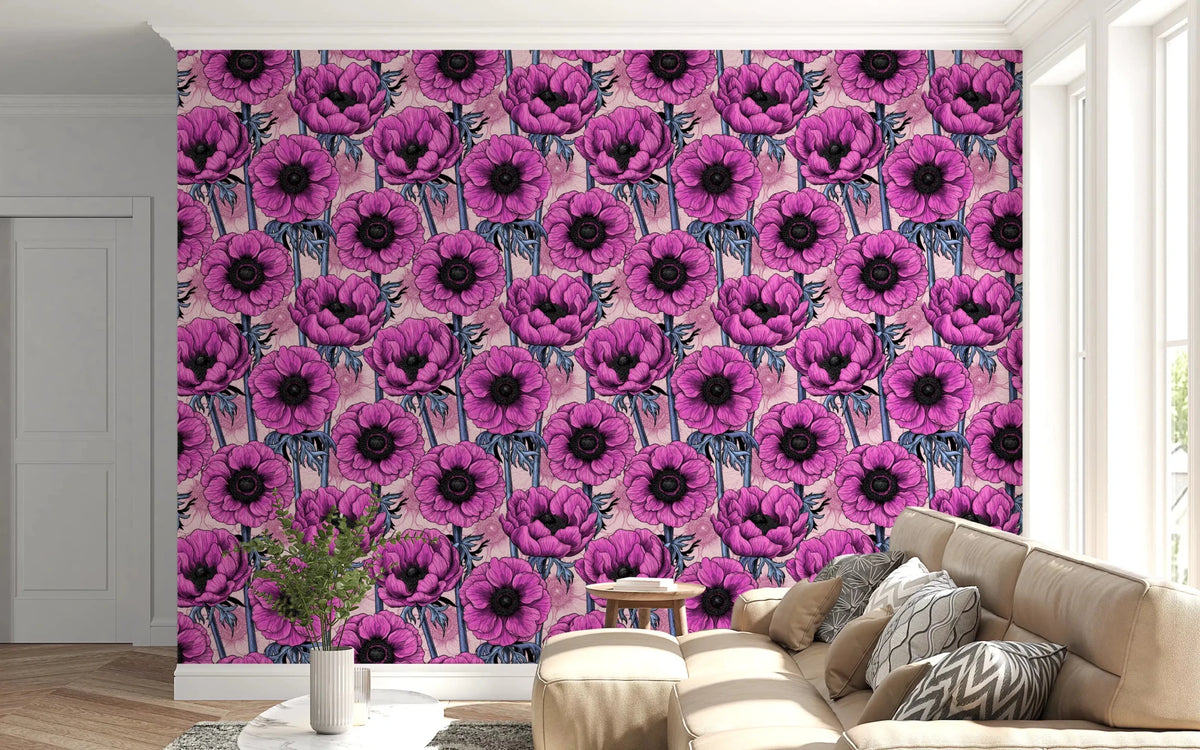 A pale backdrop keeps Pink Anemone Garden wallpaper bright and easy to style, GD9297