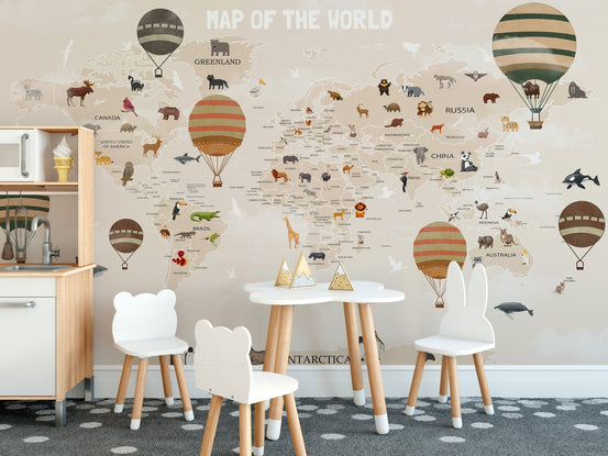 Whimsical world map mural with cute animals A906