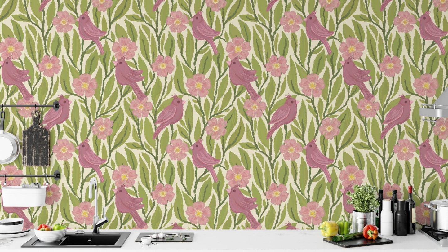Sophisticated pink birds and flowers mural for chic and modern walls.
