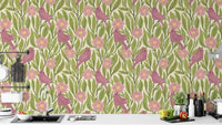 Sophisticated pink birds and flowers mural for chic and modern walls.
