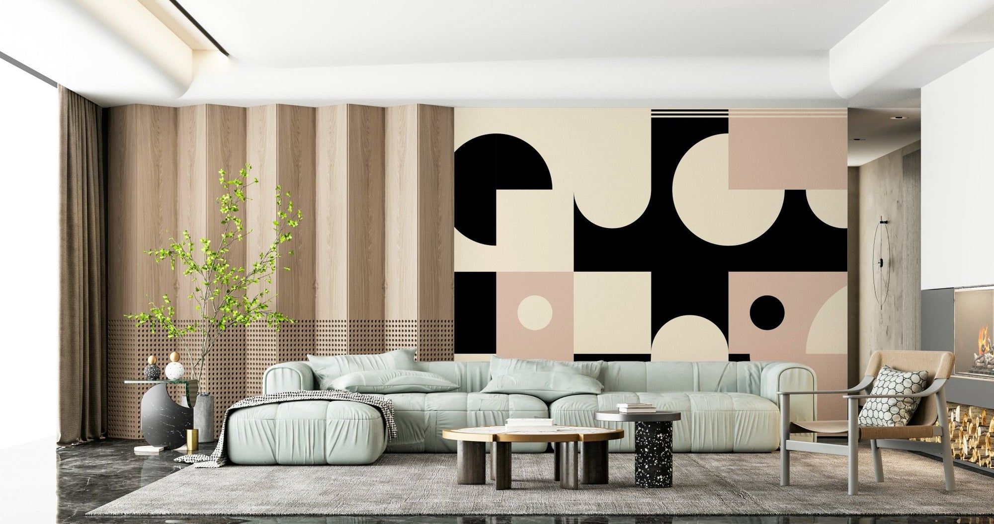 Modern living room with the Pink Black Geometric Interplay accent wall., GD6390