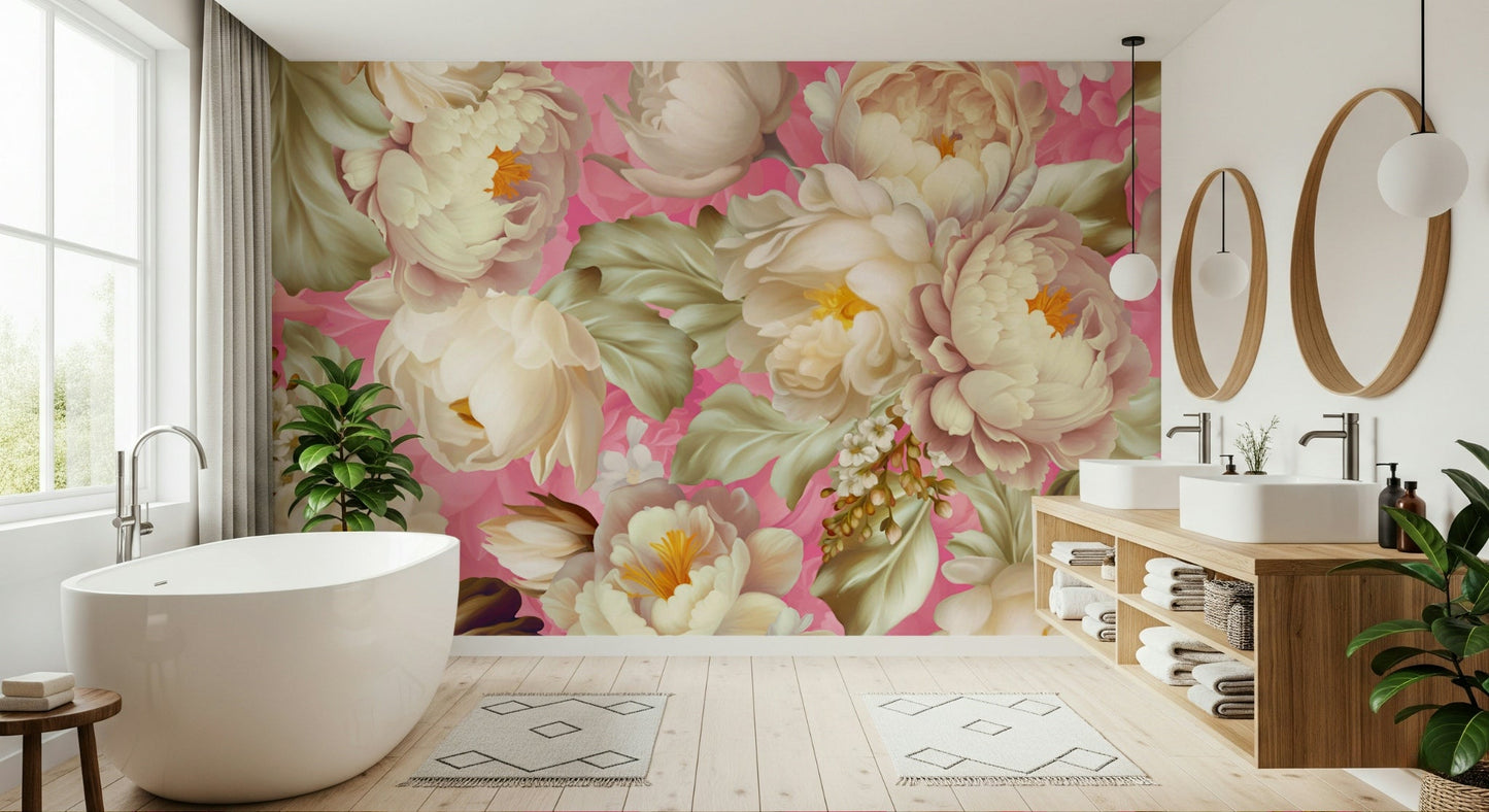 Contemporary dining area featuring the Pink Blossom Burst Wallpaper Wall Mural.