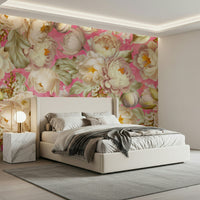 Full view of a serene bedroom with the Pink Blossom Burst Wallpaper Wall Mural.