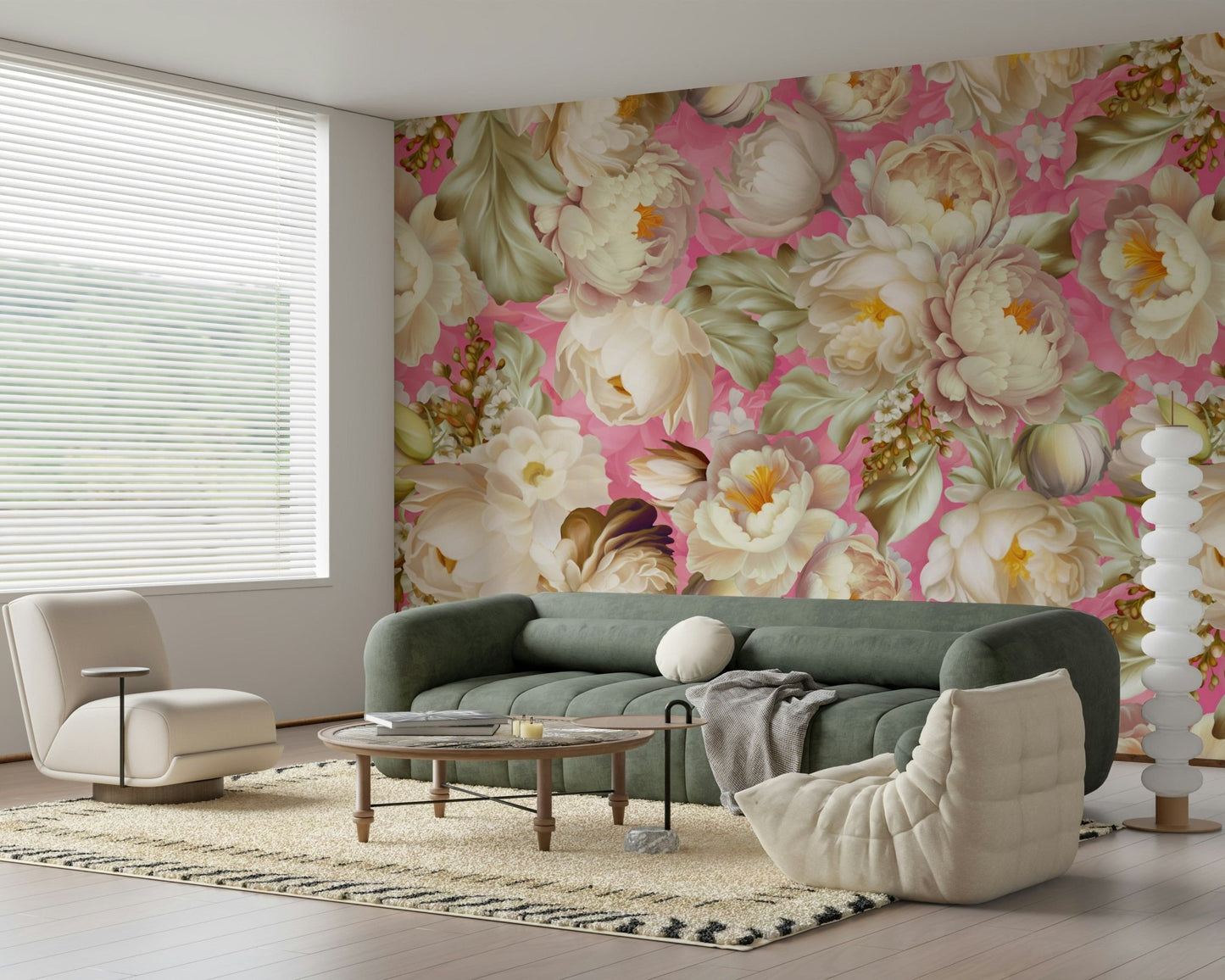 Accent wall featuring the blooming Pink Blossom Burst Wallpaper Wall Mural.