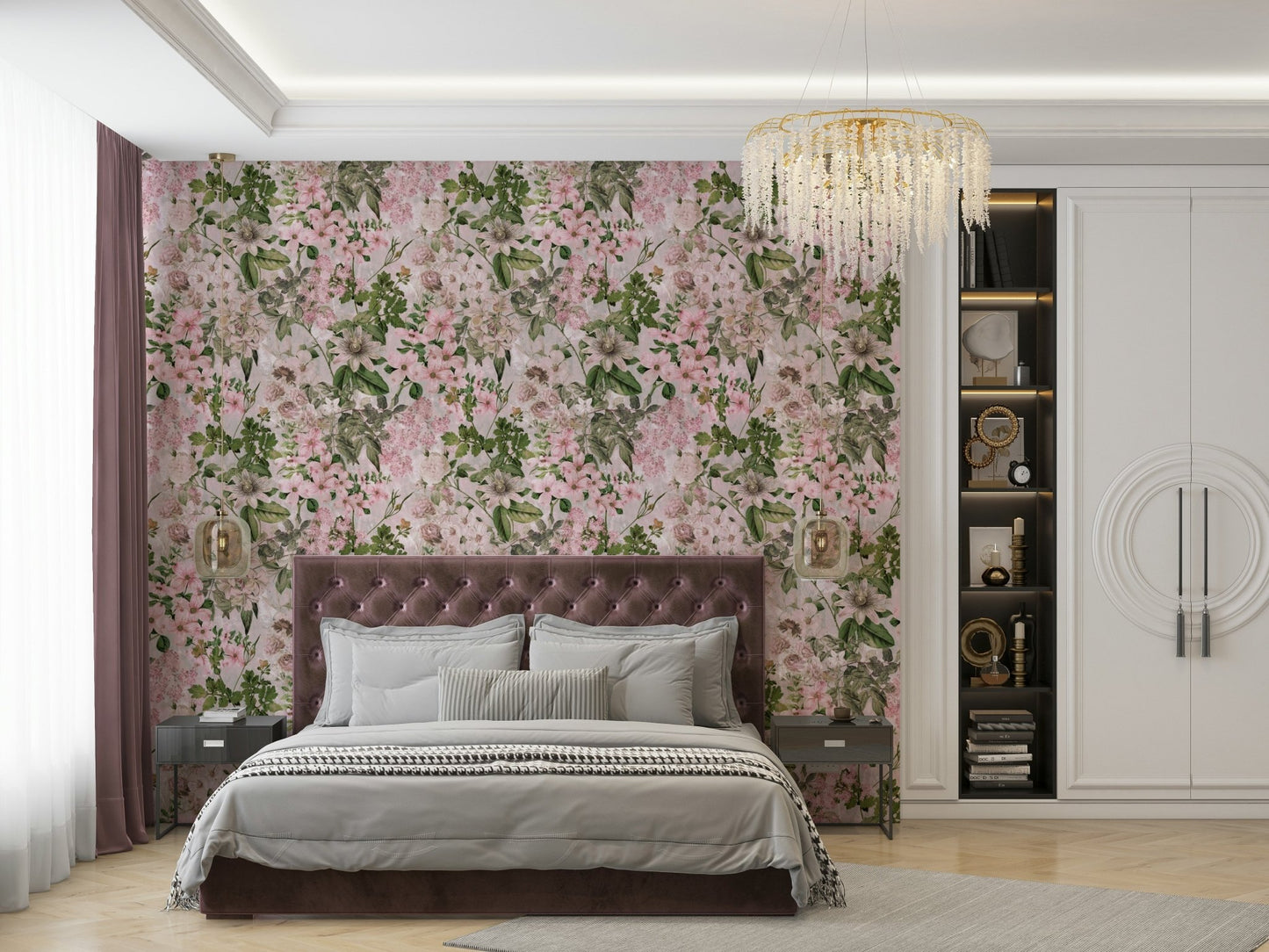 Delicate pink floral wallpaper for a bedroom.
