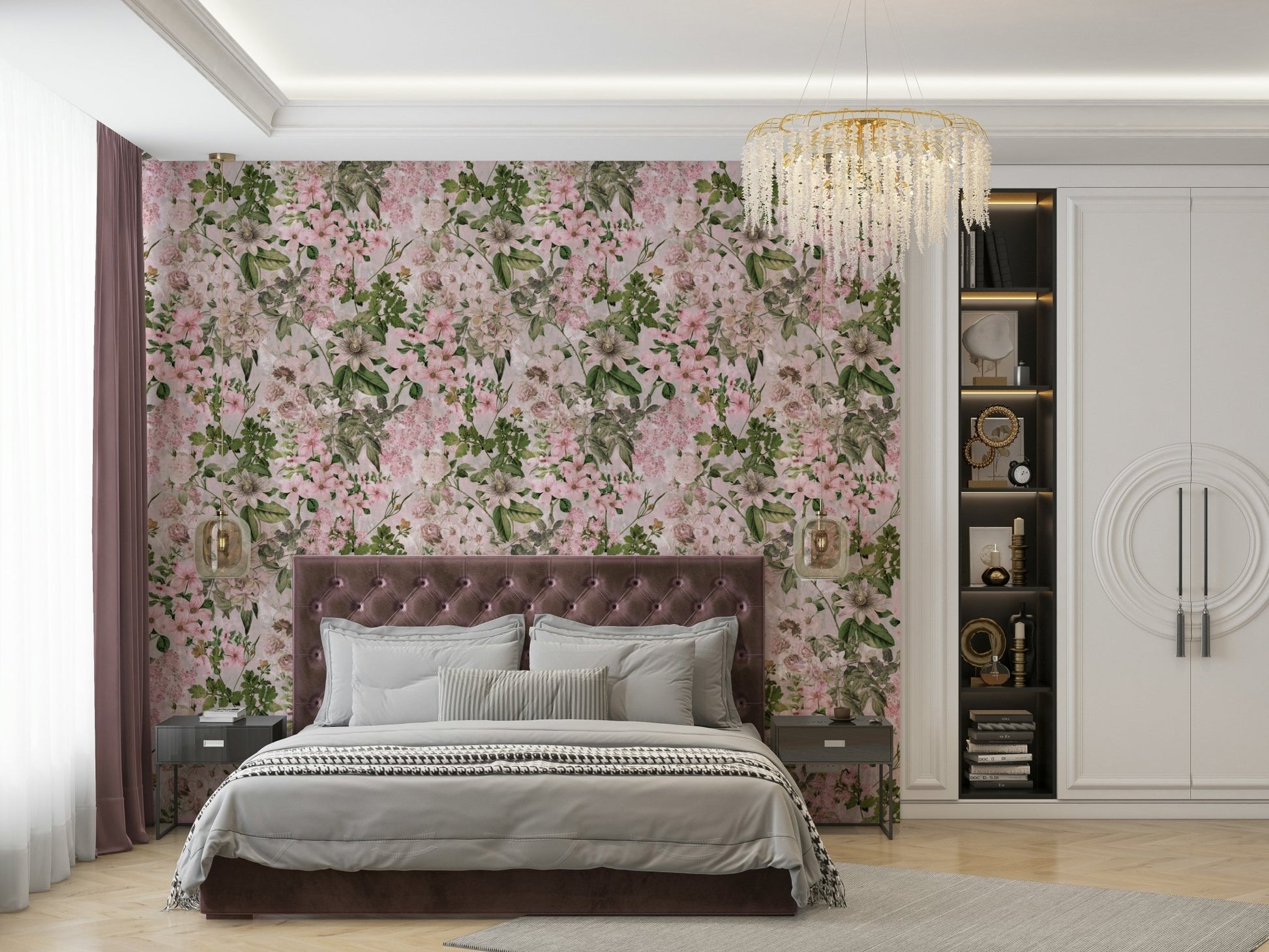 Delicate pink floral wallpaper for a bedroom.
