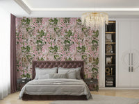Delicate pink floral wallpaper for a bedroom.
