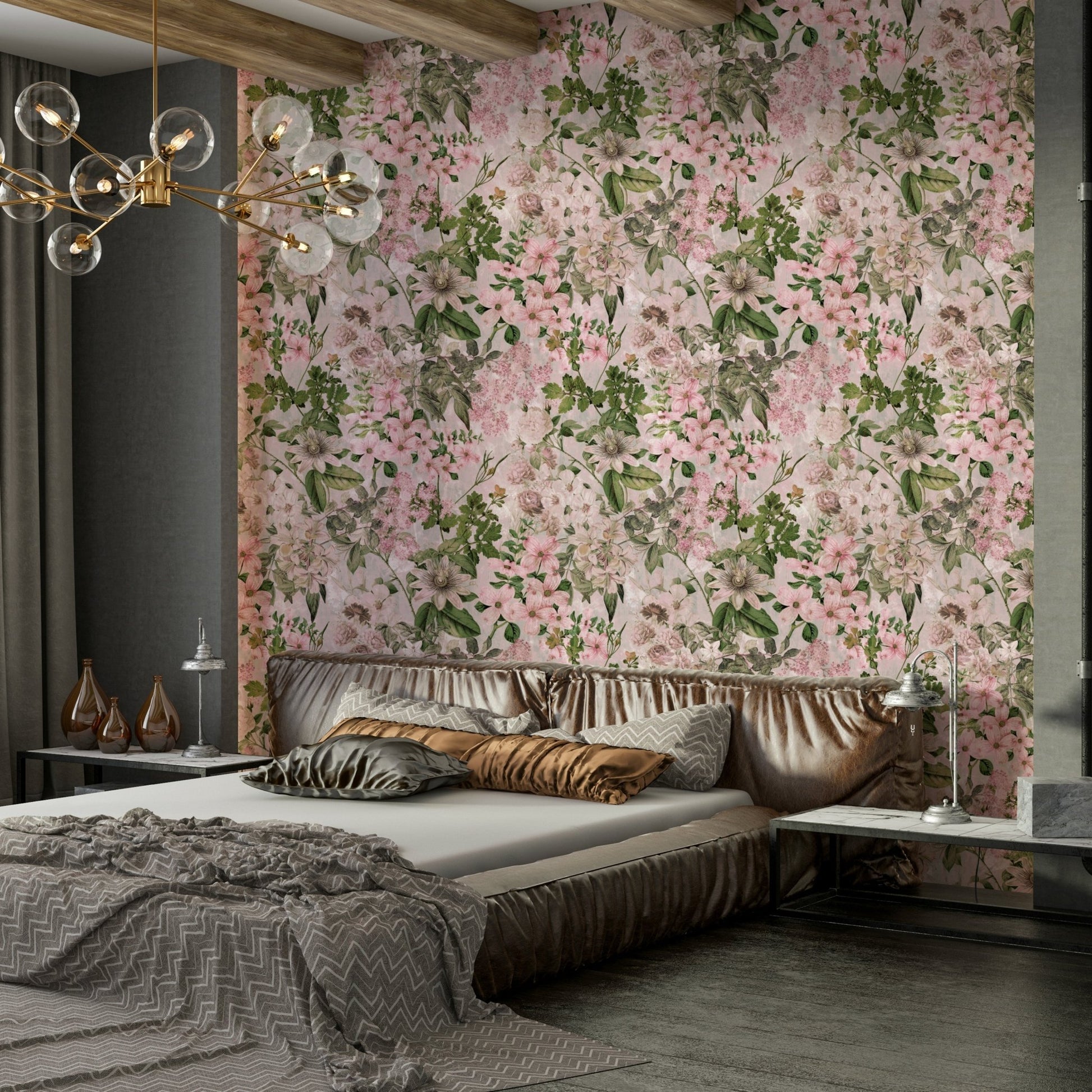 Pink blossom wallpaper for a nursery.
