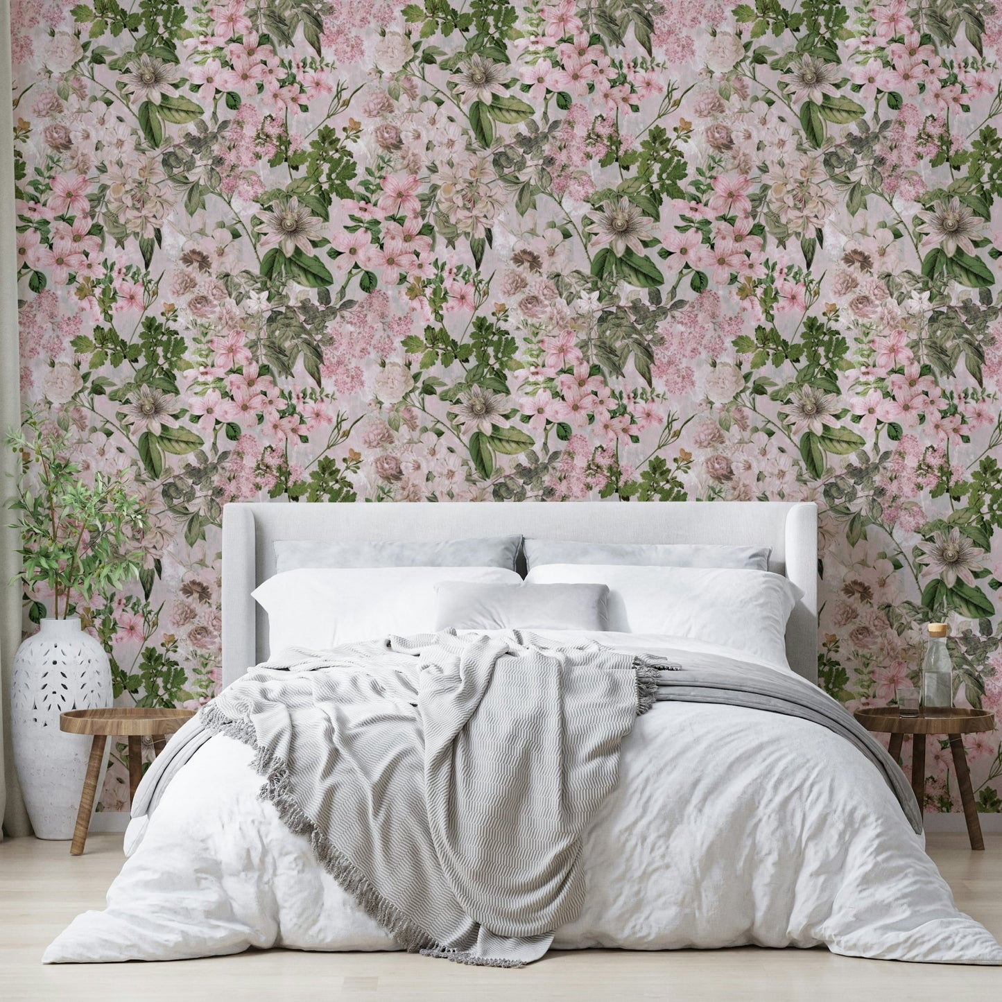 Soft pink floral wallpaper.
