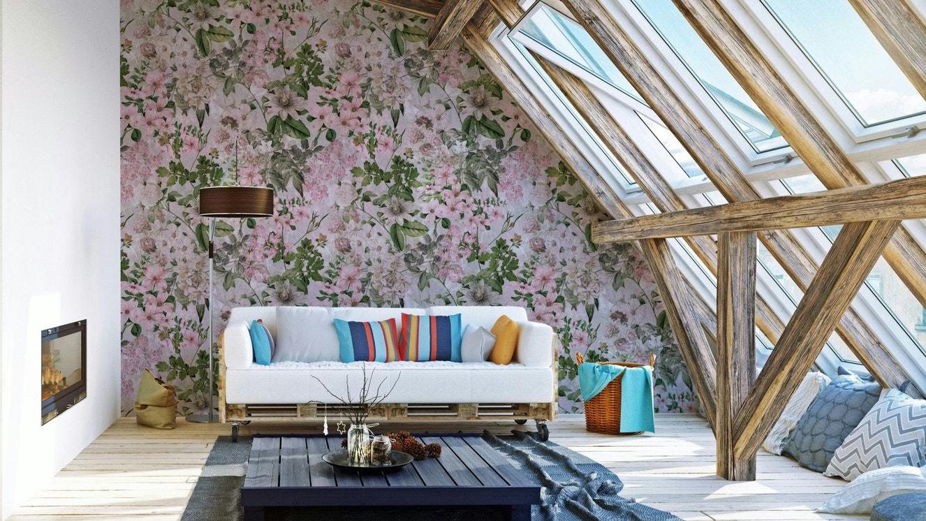 Wall mural with soft pink flowers.
