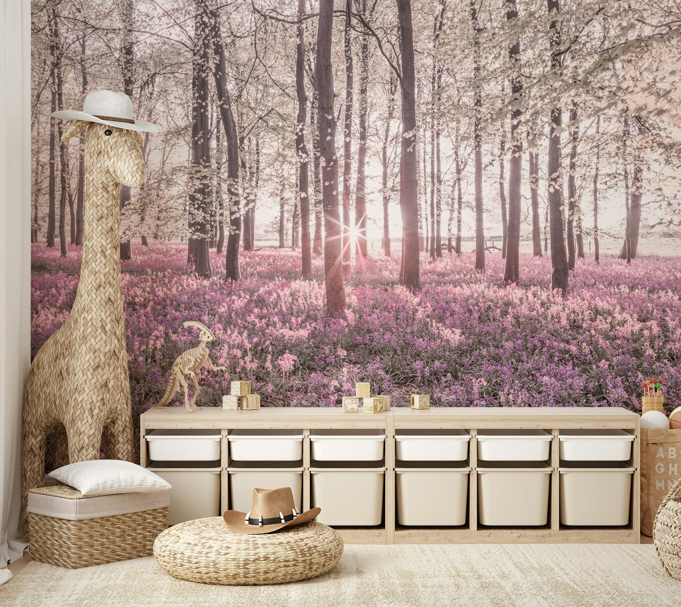 Forest floor covered in pink and purple bluebells.

