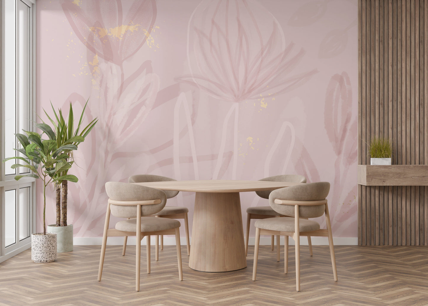 Delicate flower wallpaper mural in blush pink tones.