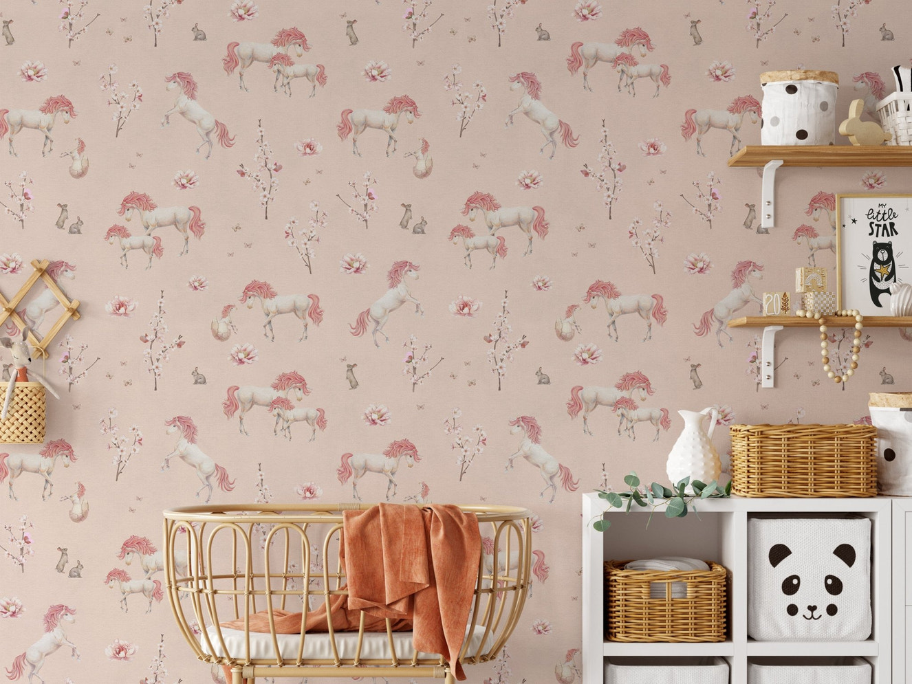 Pink unicorn wallpaper with floral accents
