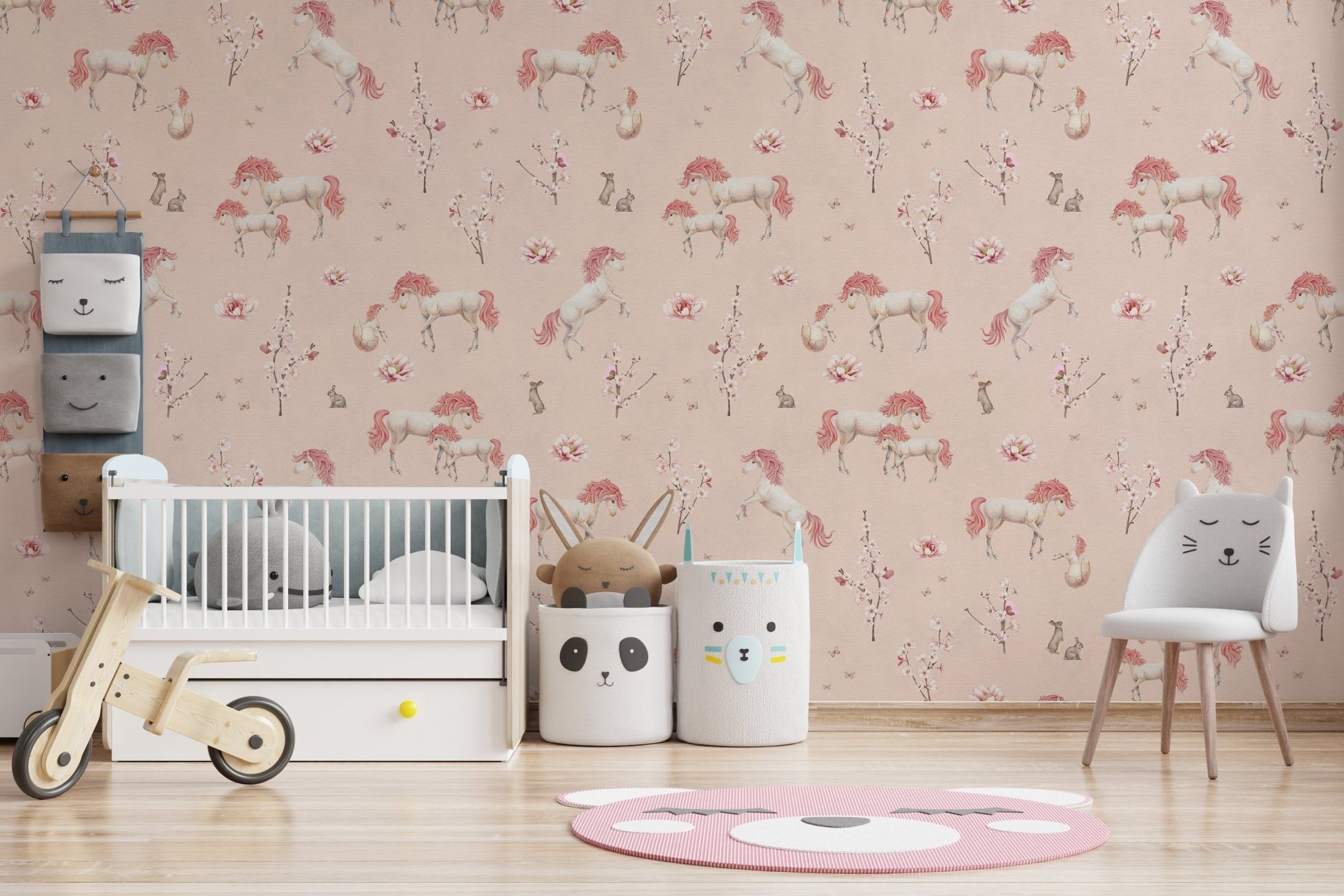Soft blush unicorn wallpaper for nurseries
