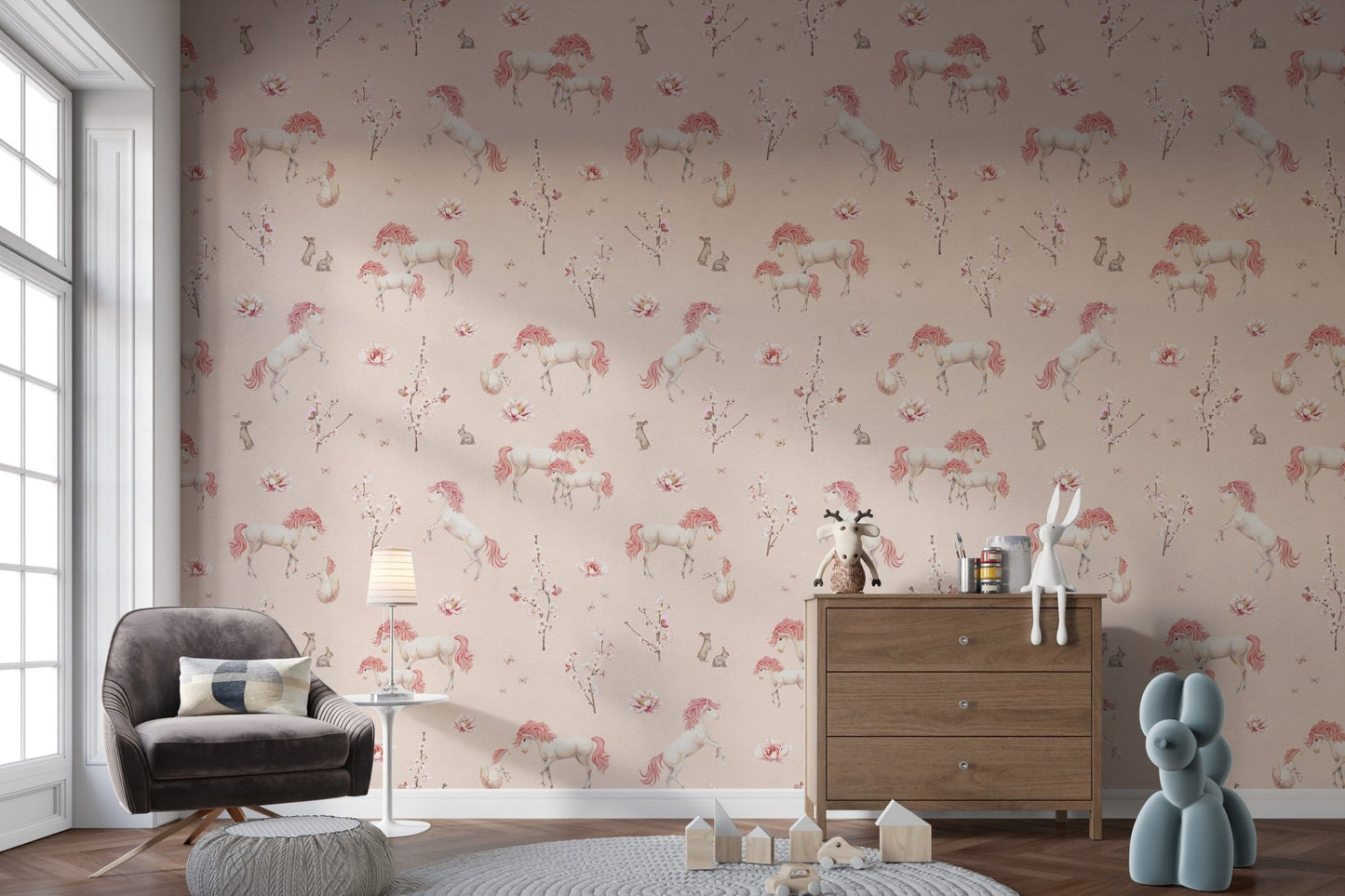 Hand-drawn unicorn floral pattern wallpaper
