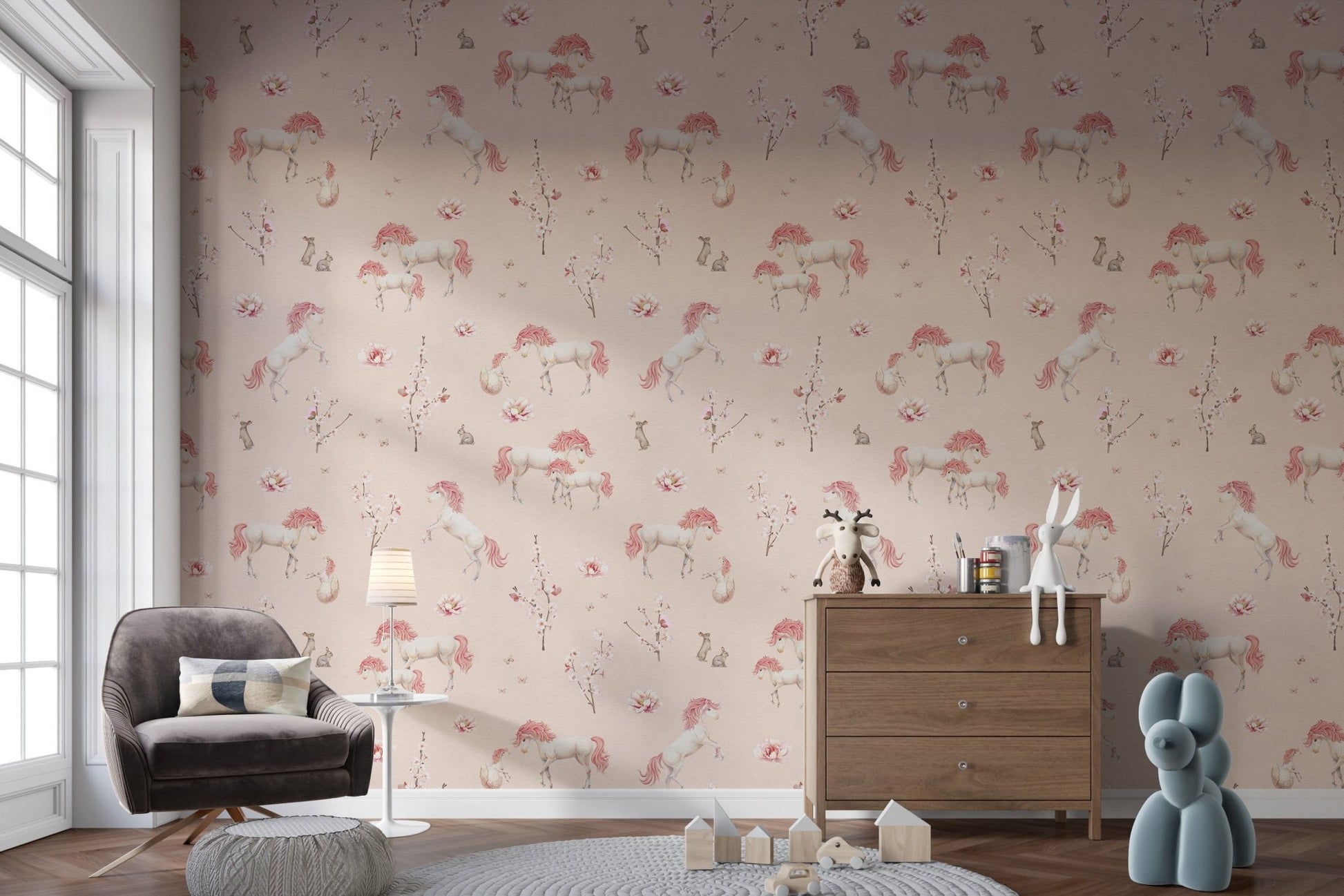 Hand-drawn unicorn floral pattern wallpaper
