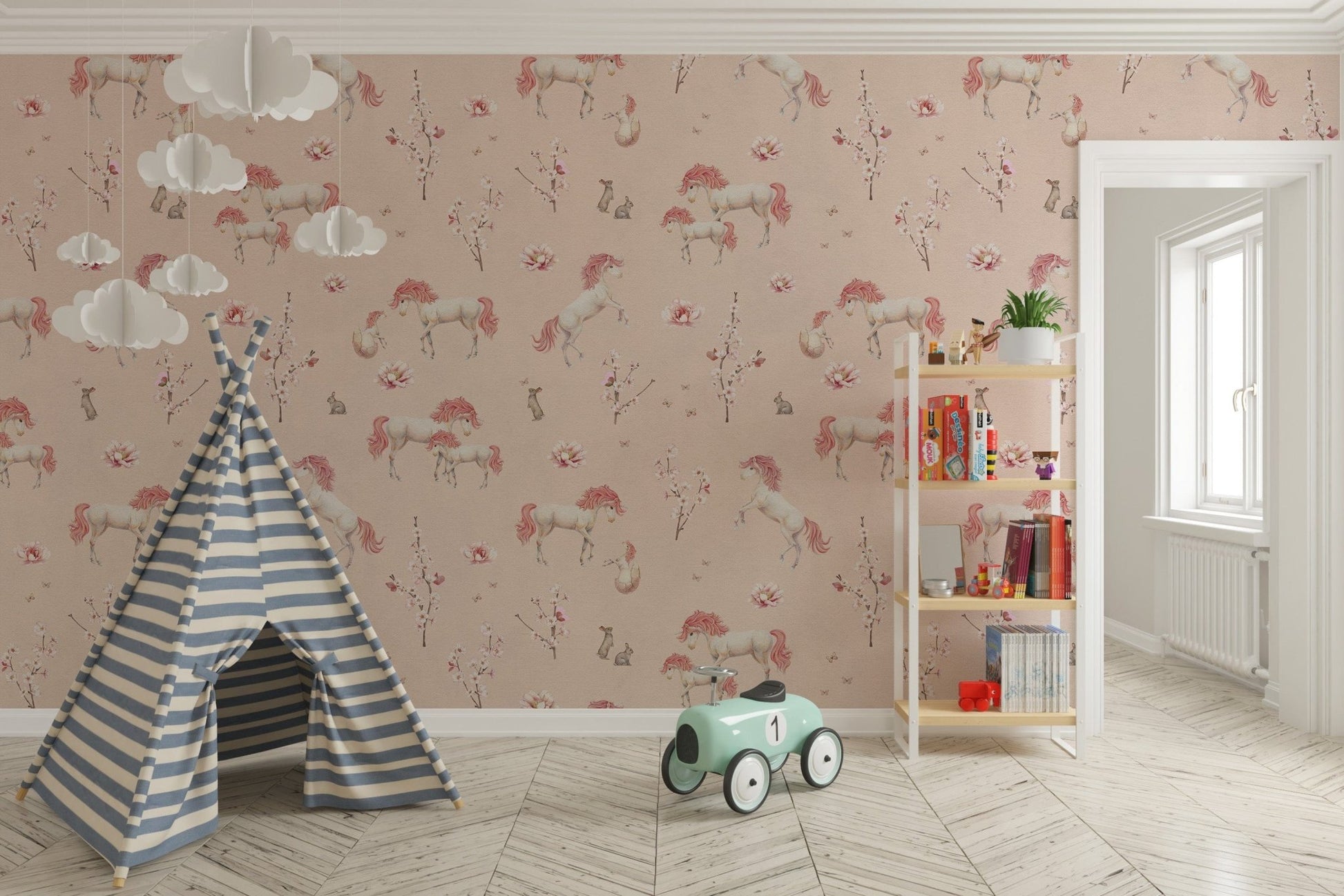Fairytale unicorn and flowers wall mural
