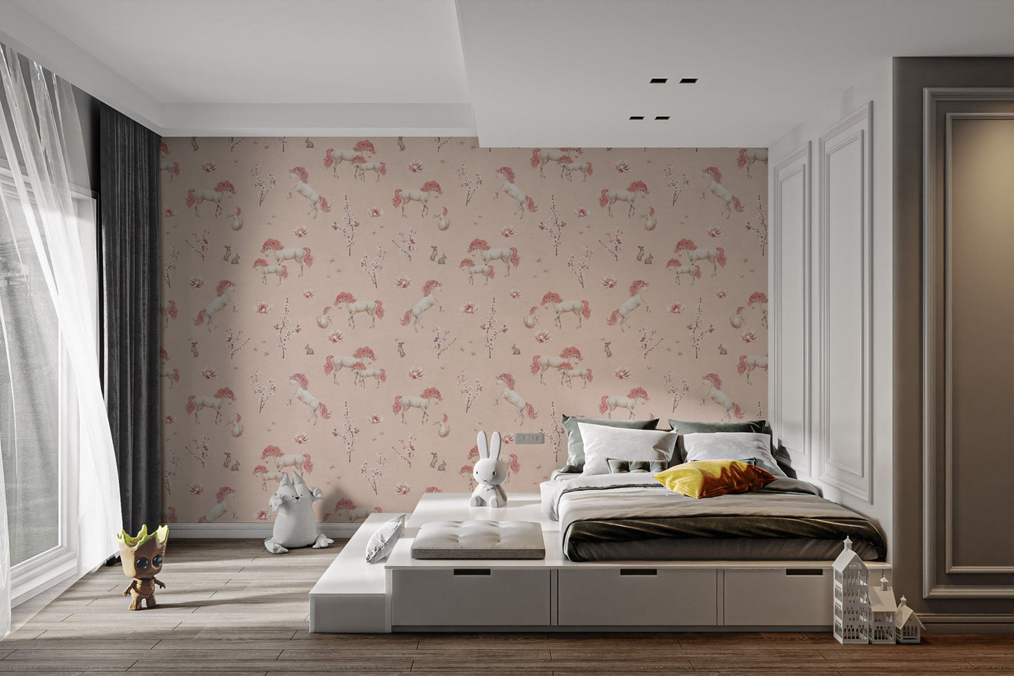 Blush unicorn and flowers nursery wallpaper
