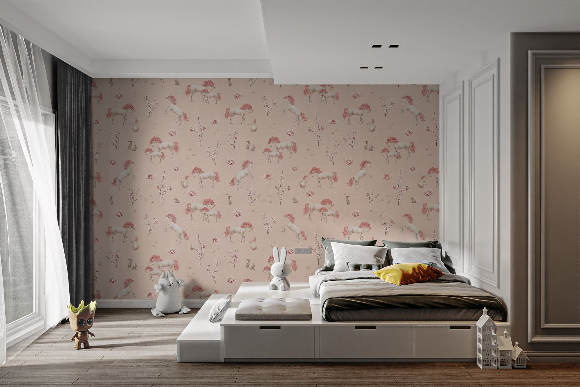 Blush unicorn and flowers nursery wallpaper
