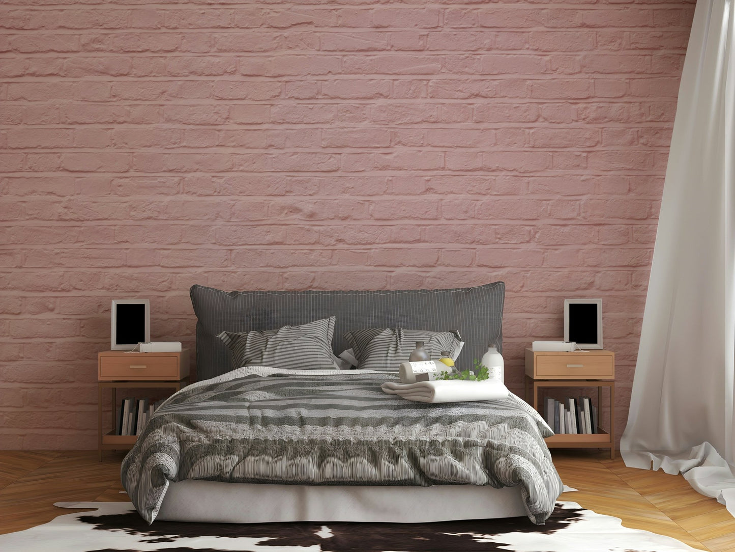Peaceful room transformation with a pink brick mural.

