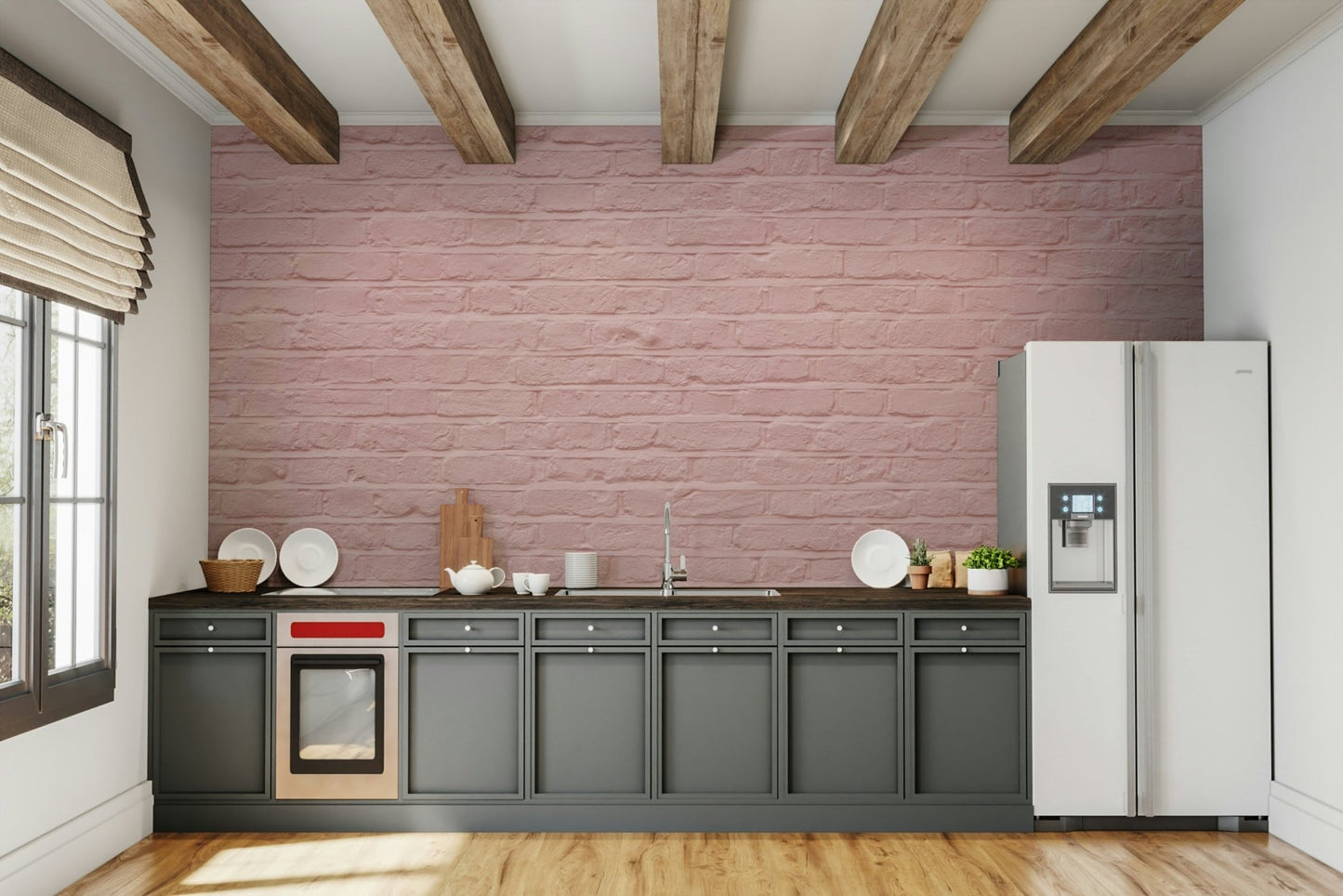 Elegant pink brick wall mural creating a calm space.


