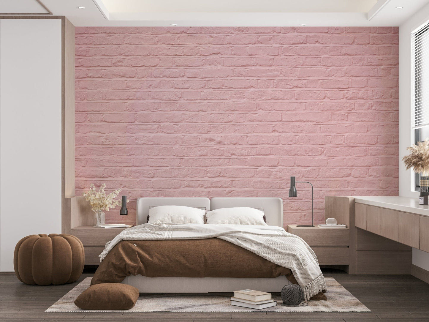 Soft pink brick wall mural for serene bedroom decor.

