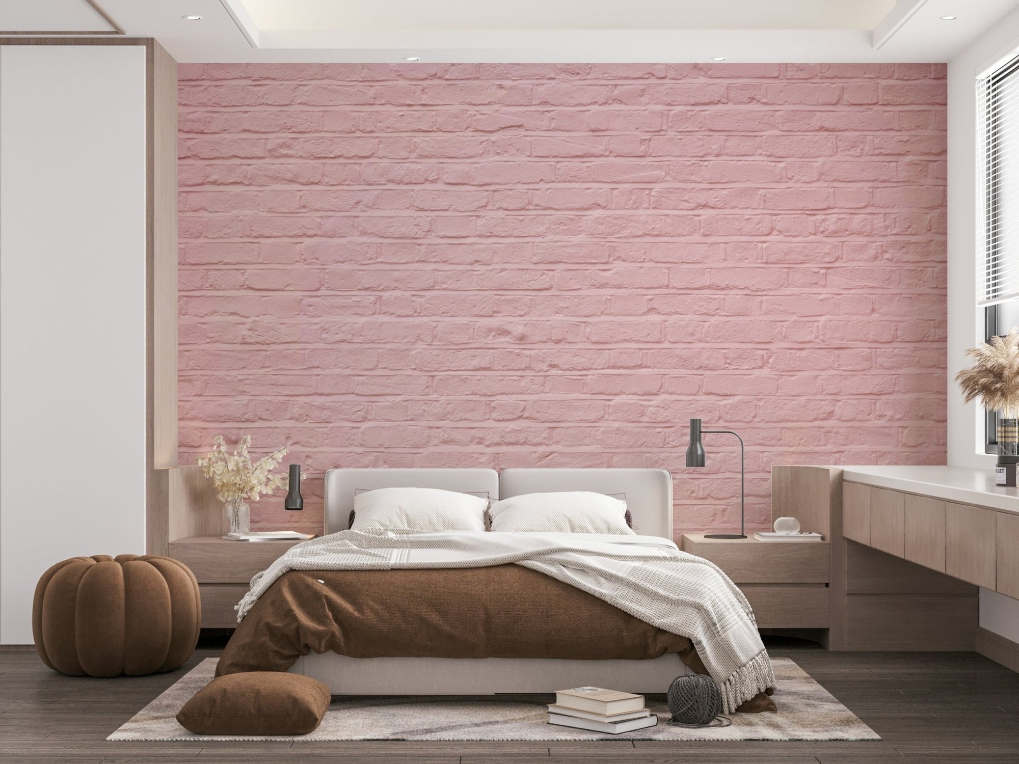Soft pink brick wall mural for serene bedroom decor., GD1950