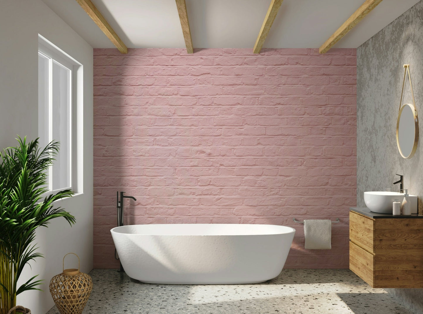 Soft pastel pink brick wall mural for modern interiors.

