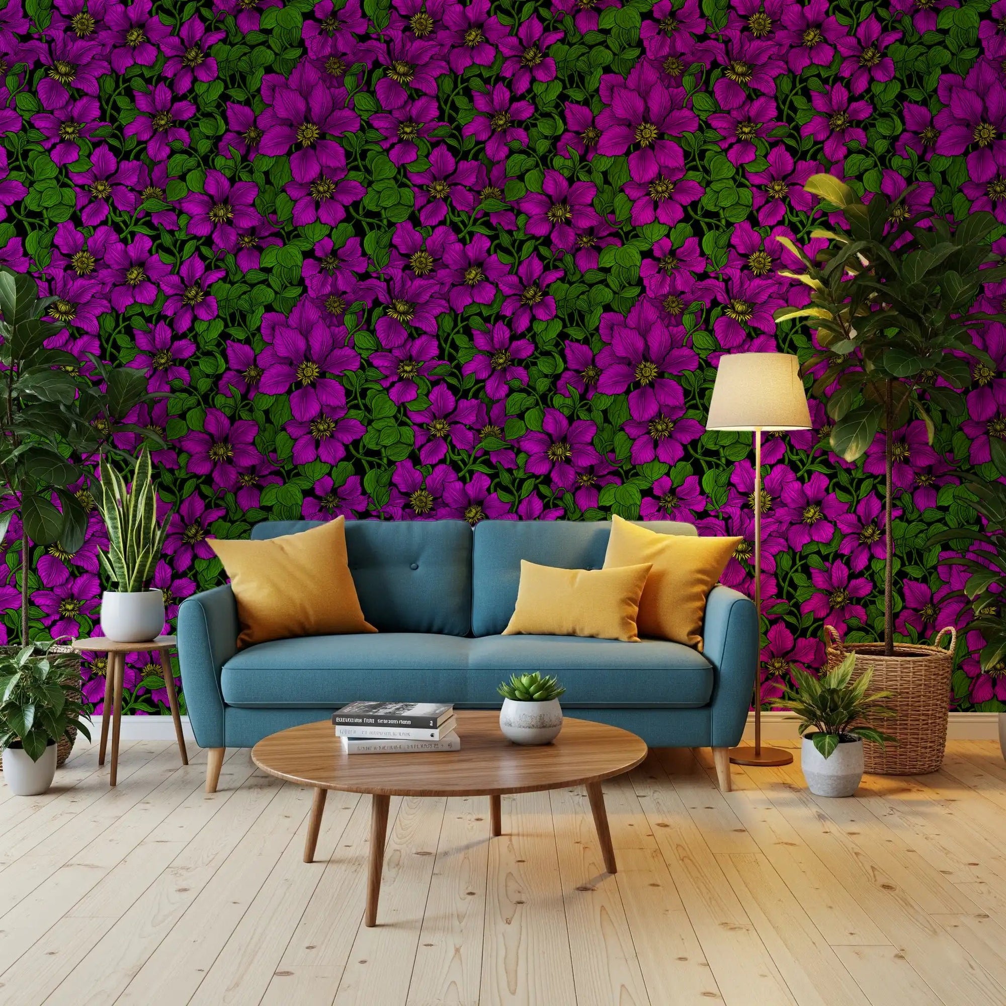 Vivid magenta blooms wrap a living room behind Pink Clematis Vine wallpaper.GD9572