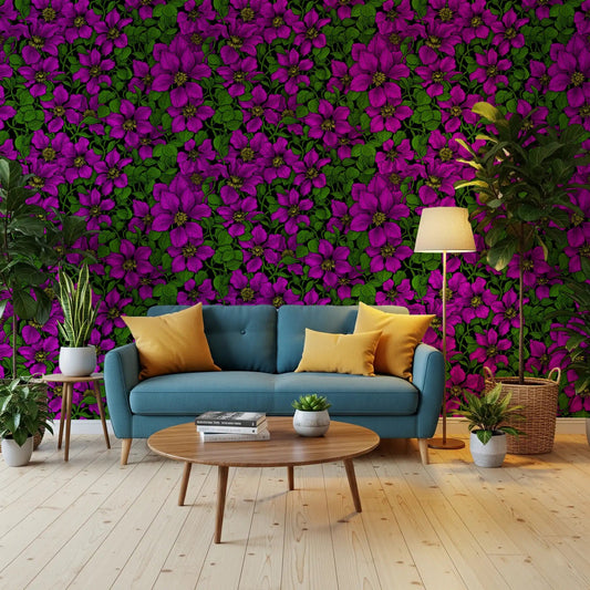 Vivid magenta blooms wrap a living room behind Pink Clematis Vine wallpaper.GD9572
