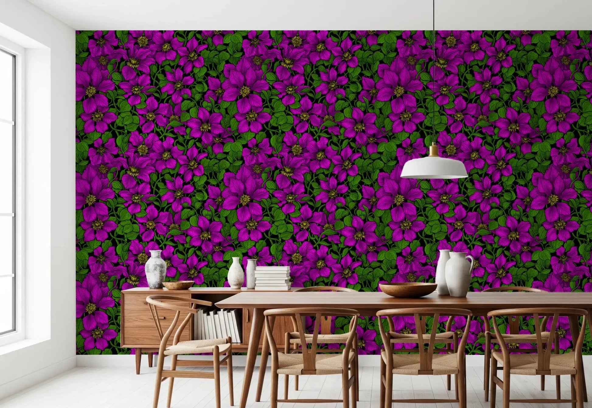 Dining room backdrops feel garden-rich with Clematis Vine wallpaper.GD9572