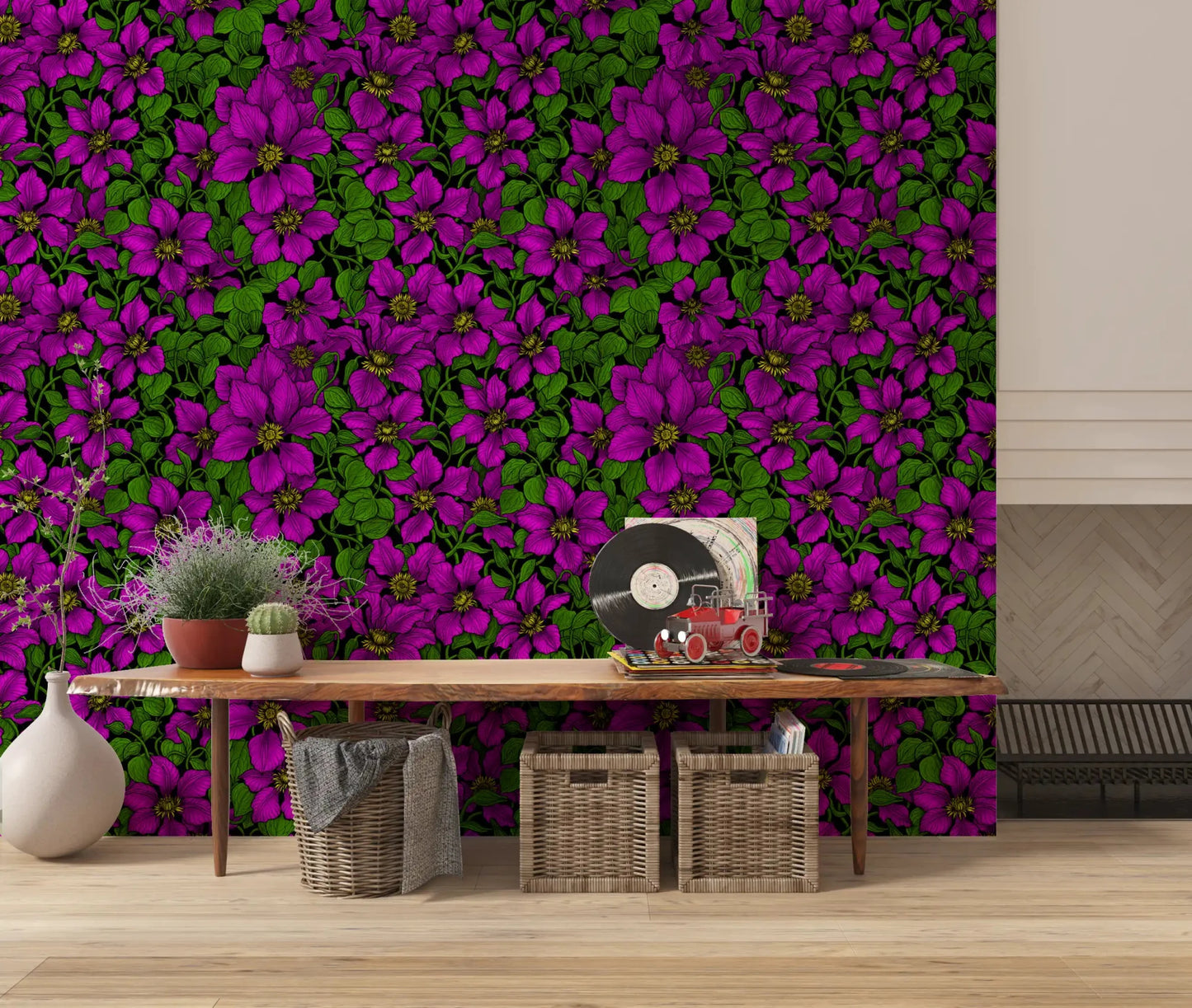Curling vine tendrils thread between flowers in Pink Clematis Vine wallpaper.GD9572