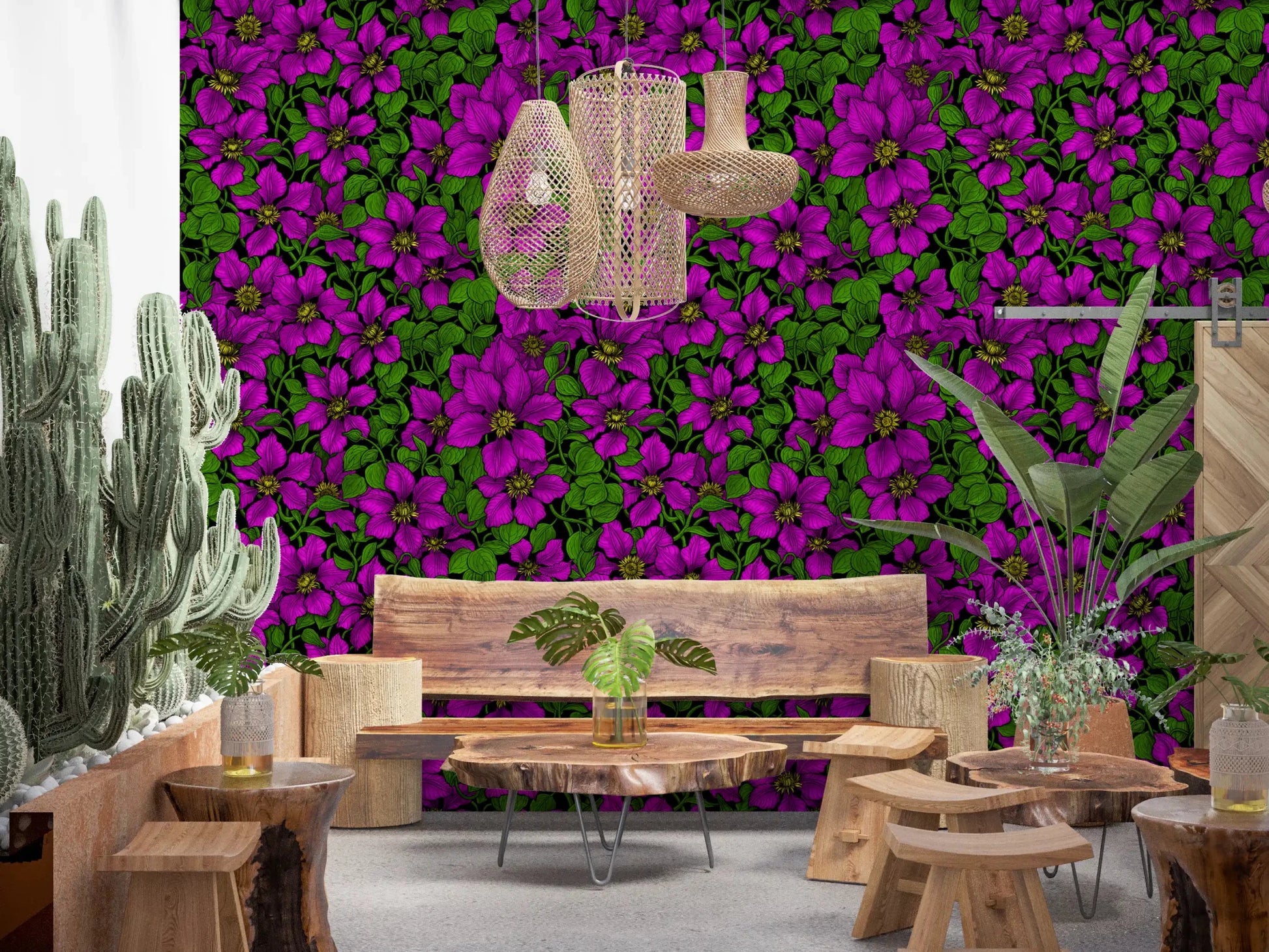 Dining room gain drama from Pink Clematis wallpaper across the back.GD9572