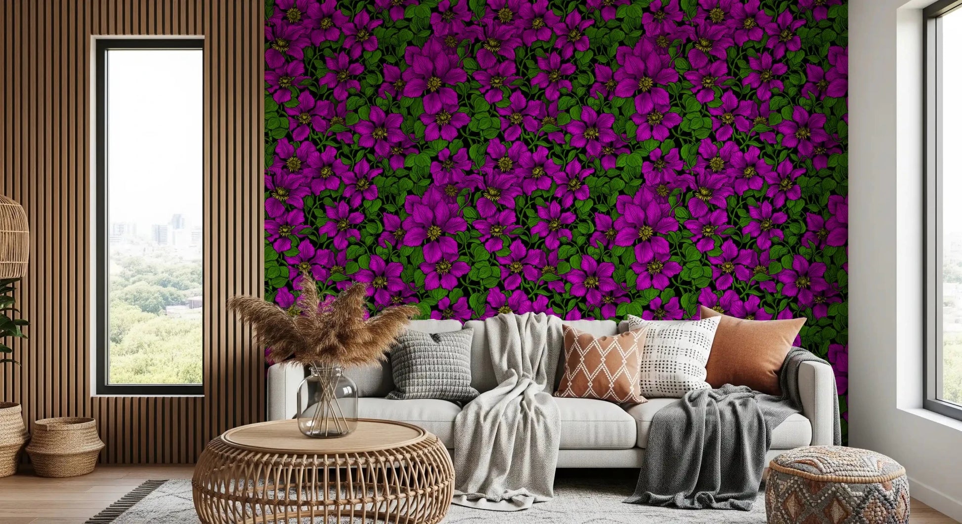 Open lounge corners stretch outward with Pink Clematis Vine wallpaper.
⁠GD9572