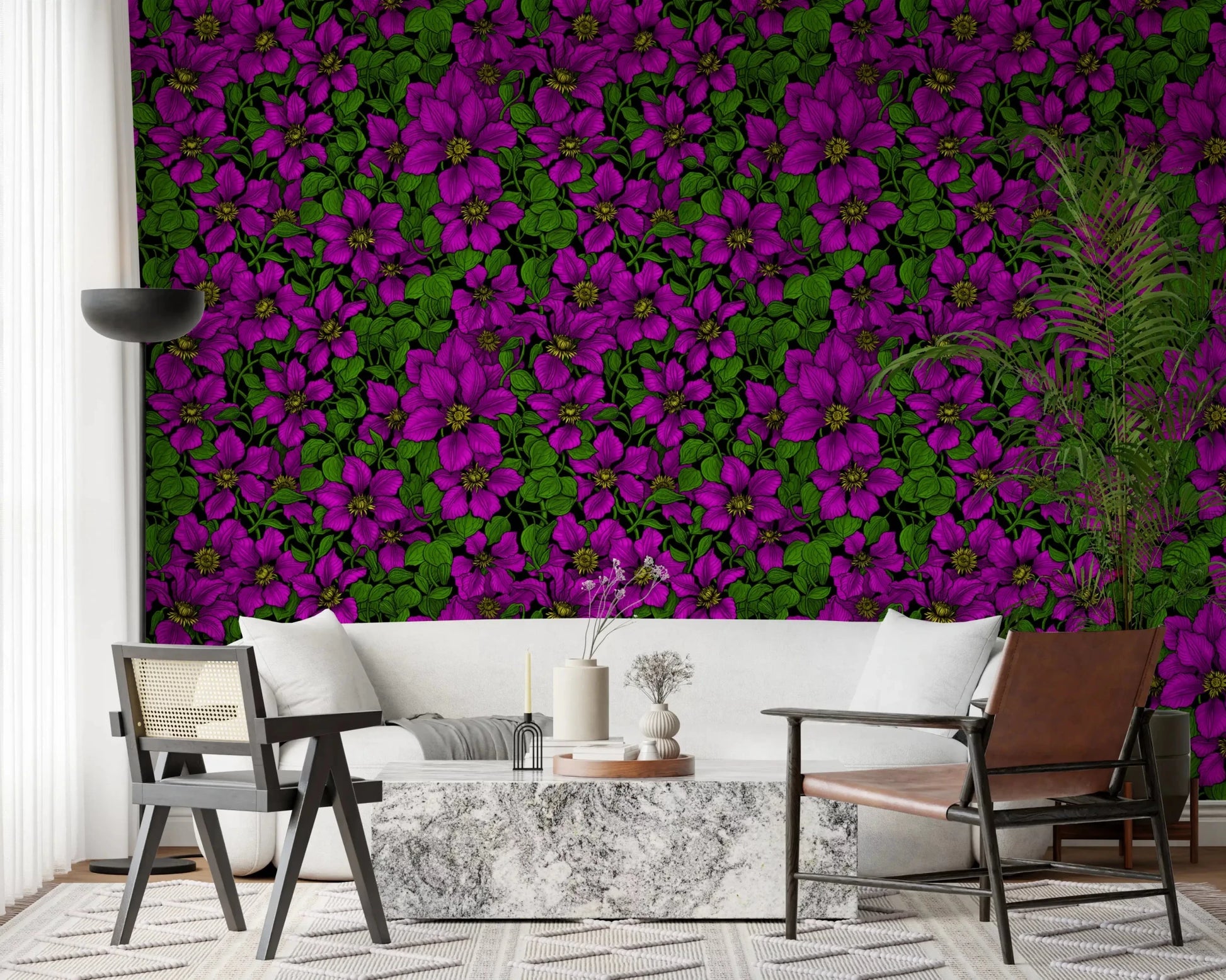 Lush vines fill a Living room through Clematis Vine wallpaper panels.GD9572